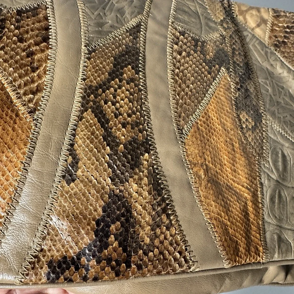 Vintage Reem Snakeskin Leather Patchwork Boho Festival Clutch‎ Zip Pouch